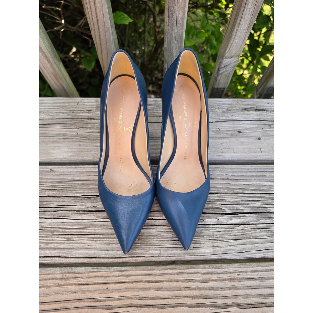 Versace 1969 Navy Blue Leather Pointed Toe Stiletto Pumps Made in Italy Size 37 - Picture 3 of 11